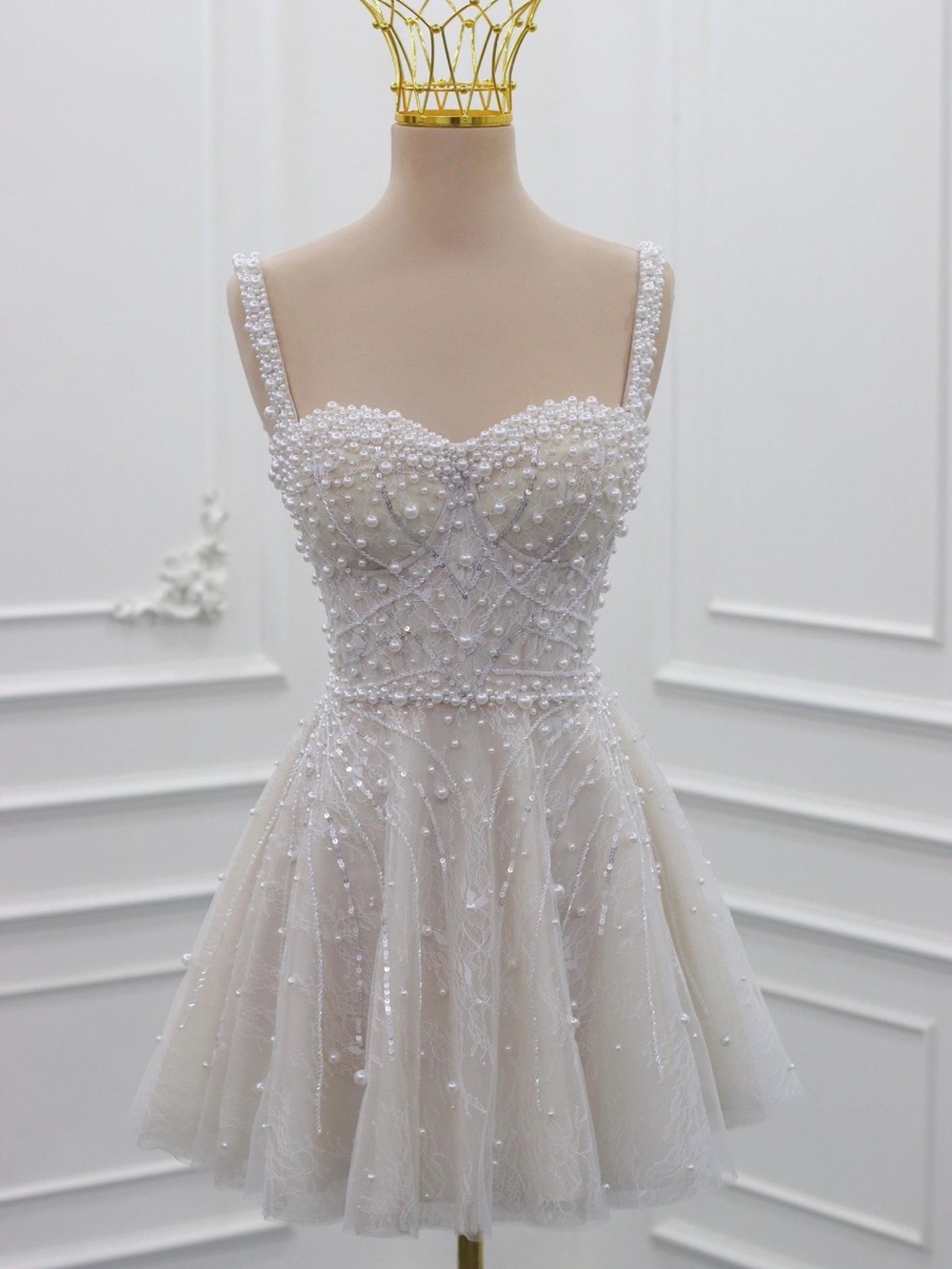 Pearl-Embellished White Fit & Flare Dress - Sleeveless